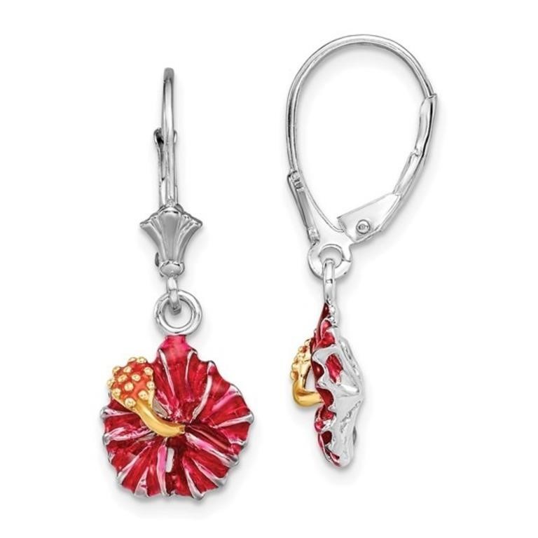 Sterling Silver Enameled Red Hibiscus Earrings