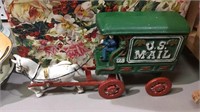Cast iron horse Tron US mail wagon, red and green