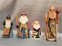 4 RUSSIAN HAND CARVED WOODEN SANTAS