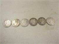 (6) 1908 Barber Silver Half Dollars F