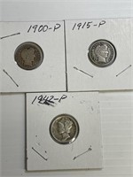 1915-P, 1900-P, 1942-P Mercury Dimes