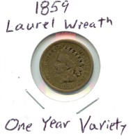 1859 Laurel Wreath One Year Variety Indian Head