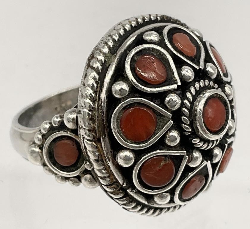 Vintage Sterling Silver Coral Ring, Sz 8