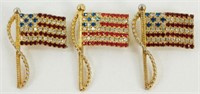 3 USA American Flag Rhinestone Signed Brooches