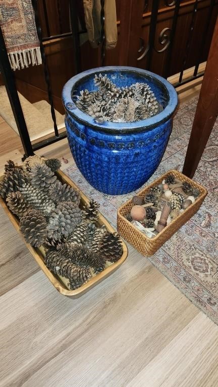 Blue Pottery Pot and 2 Baskets with Pinecone Decor