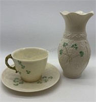Belleek Ireland Clovers Vase & Tea Cup