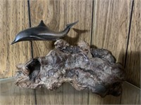 John Perry Dolphin Sculpture on Burl Wood (living