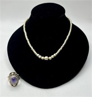 Sterling Amethyst Poison Ring & Beaded Necklace