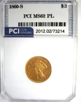 1860-S Gold $3 MS62 PL LISTS $70000 IN 62