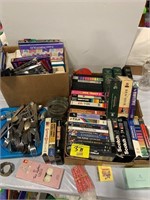 FLATWARE SET, DVDS, VHS TAPES, BOX OF BOOKS,