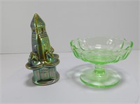 URANIUM GLASS PED. DISH & ZSOINAY HUNGARY STATUE