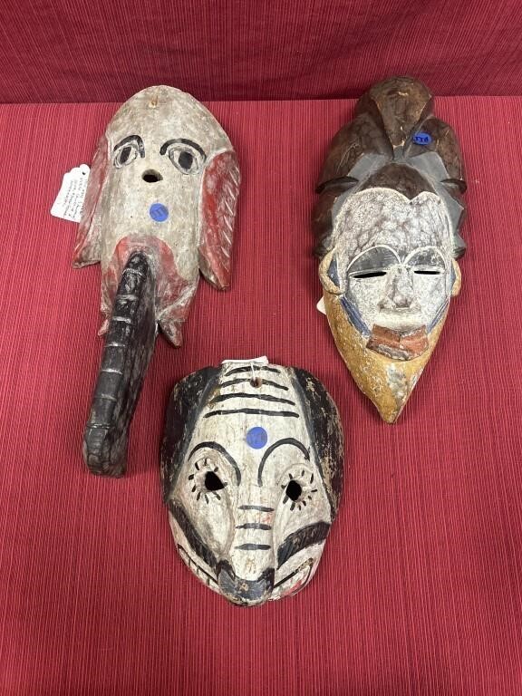 3 Hand carved wooden masks South American tribe