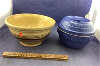 Large Yellow Ware Bowl & Blue USA Pottery Bowl/Lid