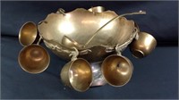 Antique brass punch bowl with cups and Ladle