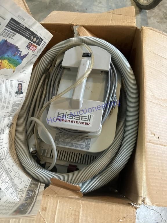 BISSELL POWER STEAMER CARPET CLEANER, IN GARAGE.