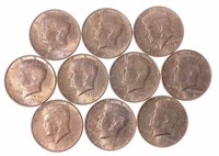 (10) 1964 J. F. K. 90% Silver Half Dollars