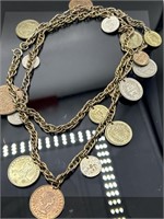 Vintage coin necklace, 32" l.