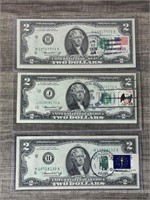 (3) 1976 2 Dollar Bills with Stamps & Postmarks