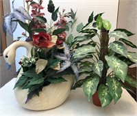 2 faux flower arrangements / one in ceramic swan