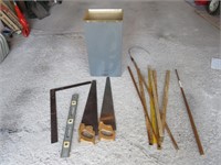 Tools- square, level, handsaw & Yard Sticks