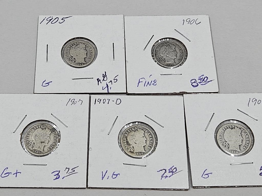 5 Barber Silver Dimes 1905,06,07,08