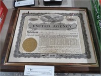 1913 UNITED AGENCY STOCK CERTIFICATE ON WOODPLAQUE