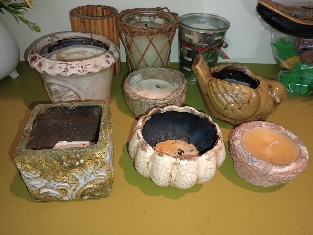 Lot of pottery, glass and wood candle holders