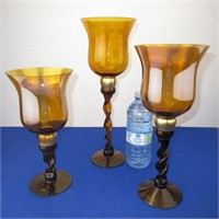 3 Amber Pedestal Candle Holders 14", 12", 10"