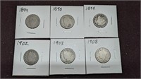 Collection of 6 Liberty V Nickel coins 1894-1908