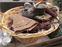 WICKER BASKET, BOOTS, HANGING WALL PLATE