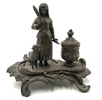 Antique Victorian Woman with Sheep Metal Inkwell.