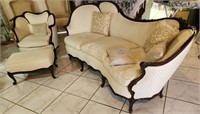 T - VICTORIAN STYLE SOFA, CHAIR, FOOTSTOOL (L151)