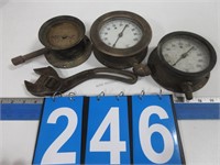 3 STEAM GAUGES & EARLY WRENCH