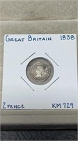 1839 Great Britain Silver 2 Pence Coin