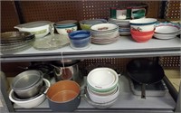 2 Shelves Worth Of Misc. Dishes, Pots And Pans