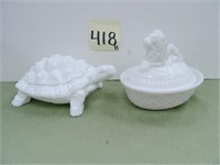 Milk Glass Lion On Nest & Snapping Turtle