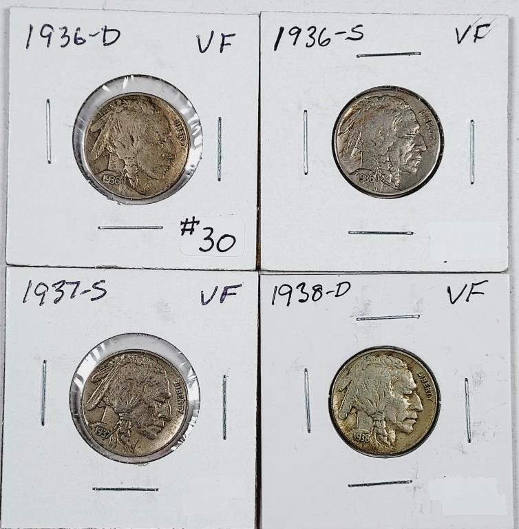 1936-D & S, 1937-S & 1928-D  Buffalo Nickels  VF