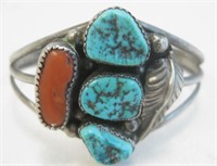 Navajo SS Turquoise & Coral Bracelet - Tested