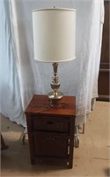 Wooden Wicker Nightstand & Brass Plated Lamp