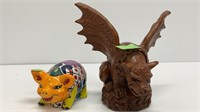 Hand painted Mexico pig and handcrafted gargoyle