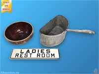 Vintage Pressed Steel Restroom Sign + Agate + Bowl