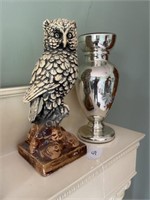 Mercury Glass Vase & Owl Figure