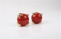 Coral Earring Studs, 18K Yellow Gold