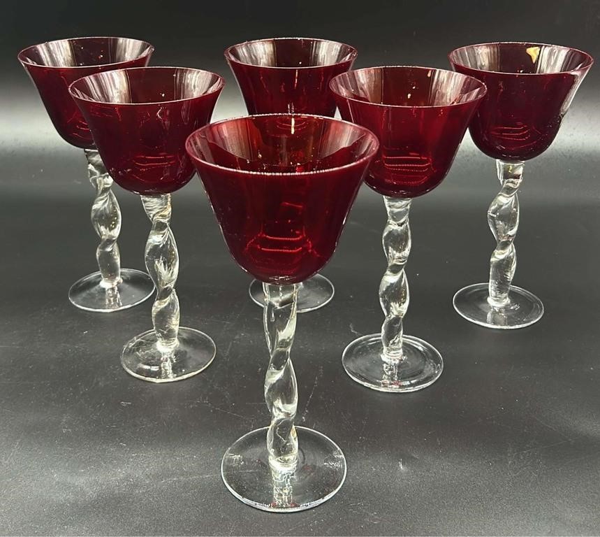 Vintage Ruby Twisted Stem Wine Glasses