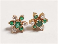Pair Of 14K Yellow Gold Diamond/Emerald Earrings
