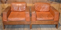 2 Oak and leather club chairs