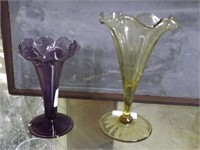 Steuben 2 ruffle top vases- 4 1/2" amethyst 6" amb