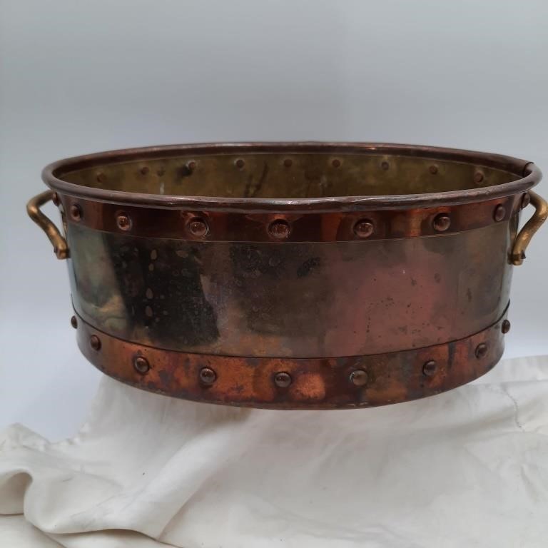 Vintage 13" Copper & Brass Tub w/ Studs & Handles