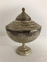 Ornate Patterned Pedestal Metal Jar