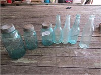 3 BLUE CANNING JARS W/ ZINC LIDS, 4 OLD WAVEY GLAS
